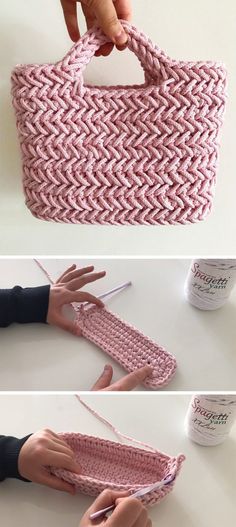 crochet bag with handles is shown in three different views, and the bottom one has