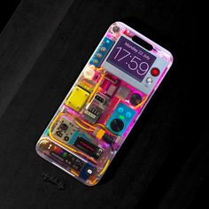 a cell phone case with many different things on it's back and side panels