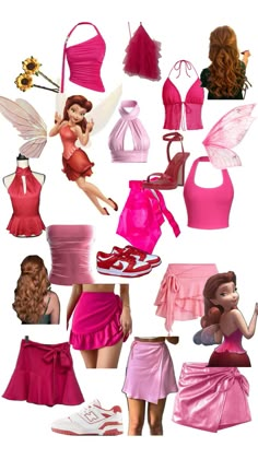 a collage of pink and red dresses, shoes, and other items from the barbie movie