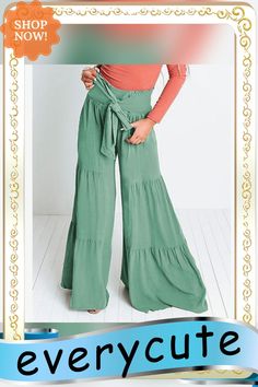 Green Smocked High Waist Palazzo Pants with Tie Bohemian Summer Bottoms In Solid Color, Bohemian Solid Color Summer Bottoms, Solid Bohemian Bottoms For Spring, Casual High Waist Wide Leg Pants For Brunch, Casual Summer Wide Leg Pants For Brunch, Bohemian Bottoms With Elastic Waistband For Brunch, Summer Wide Leg Pants With Elastic Waistband For Brunch, Bohemian Wide Leg Bottoms For Brunch, Casual Wide Leg Pants With Elastic Waistband For Brunch