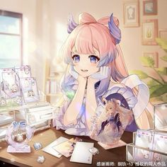 an anime character sitting at a desk in front of various items on the table,