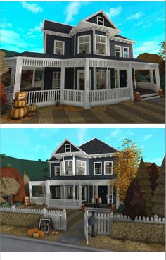 two different views of the front and back of a house with pumpkins on the ground