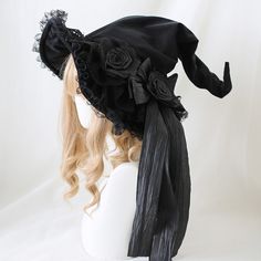 This price is for a hat only, others are not included.  Bowknots and two flowers are detachable.   	 		 			Size 			Free Size 		 		 			Head Circumference 			55-59 Flower Witch, Harajuku Women, Magic Hat, Halloween Witch Hat, Velvet Hat, Gothic Halloween, Sun Hats For Women, Velvet Lace, Black Flowers