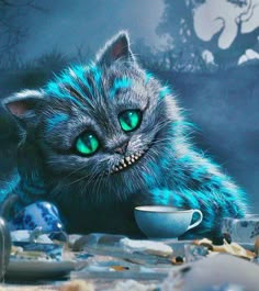 a cat with green eyes sitting next to a cup and saucer on a table