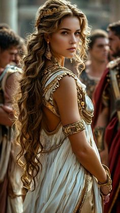 a woman with long hair in a white dress and gold jewelry standing next to other people