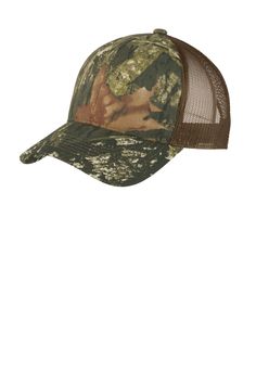 the camo trucker hat is shown in green and brown