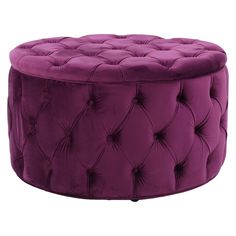 a purple round ottoman with buttons on the top and bottom, in front of a white background