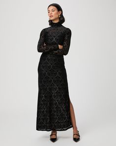 Made from a black stretch mesh material with a velvet burnout jacquard pattern and attached cami underneath, this edgy long sleeve turtleneck midi dress will be your new favorite date night staple. | Lucca Dress - Black | Size XL Turtleneck Midi Dress, Velvet Burnout, Jacquard Dress, Jacquard Pattern, Long Sleeve Turtleneck, Long Sleeve Maxi, Paige Denim, Clothing Care, Mesh Material