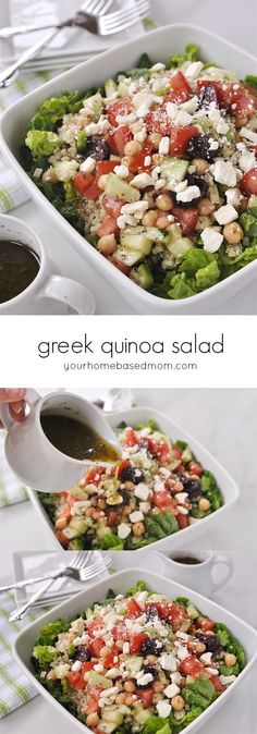 greek salad with tomatoes, olives, lettuce and feta cheese in a white serving dish