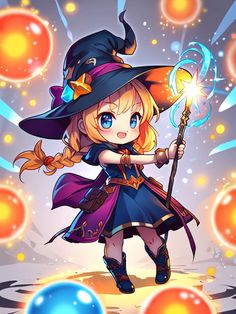 a cartoon girl dressed as a witch holding a wand and wearing a hat with stars in the background