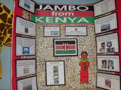 a bulletin board with pictures and information about kenya