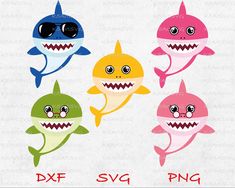 three cute little sharks with big eyes, one is pink and the other is green