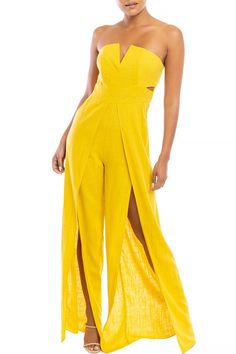 Chic Strapless V-neck Jumpsuit For Summer, Chic Strapless Jumpsuit For Date Night In Summer, Fitted Jumpsuits And Rompers With Split For Party, Chic Fitted Split Jumpsuits And Rompers, Fitted Split Jumpsuits And Rompers For Party, Elegant Strapless Jumpsuit For Going Out In Summer, Elegant Strapless Jumpsuit For Summer Outings, Elegant Strapless Jumpsuit For Summer Going Out, Elegant Strapless Jumpsuit For Summer