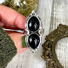 Mystic Moons Black Onyx Crystal Ring in Solid Sterling Silver- Designed by FOXLARK Collection Size 6 7 8 9 10 Black Onyx Crystal, Mystic Moon, Onyx Crystal, Black Onyx Ring, Crystal Ring, Onyx Ring, Gothic Jewelry, Crystal Rings, Ring Ring