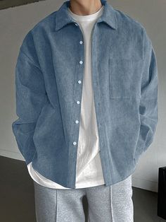 Men's Solid Colored Drop Shoulder Long Sleeve Shirt With Pocket Blue Casual  Long Sleeve Corduroy Plain Shirt Non-Stretch  Men Clothing, size features are:Bust: ,Length: ,Sleeve Length: Over Size Shirt Men, Men’s Casual Clothing, Grey And Blue Outfit Men, Man Oversized Shirt, Blue Long Sleeve Shirt Outfit Men, Men’s Tops, Clothes Ideas For Men, Blue Collared Shirt For Streetwear, Blue Outfit Aesthetic Men