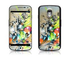 a cell phone with an image of a horse on the back and colorful paint splatters