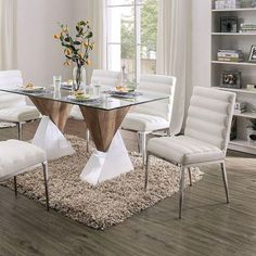 Binjai FOA3747T White/Natural Tone Contemporary Dining Table By Furniture Of America - sofafair.com Chrome Chair, Contemporary Dining Table, Faux Leather Dining Chairs, White Upholstery, At Home Furniture Store, 7 Piece Dining Set, Ornate Furniture, Glass Dining Table, Leather Dining Chairs