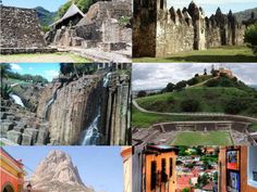 the collage shows many different places in the world including mountains, buildings and waterfalls