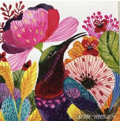 a painting of a hummingbird surrounded by flowers