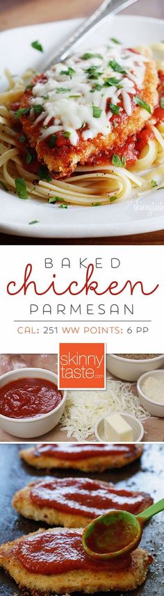 Baked Chicken Parmesan- Delicious, easy, and quick. 6 ingredients and about half an hour Baked Chicken Parmesan, Chicken Parm, Skinny Taste Recipes, Food Tasting, Chicken Parmesan, Parma, Main Dish Recipes, Frying, Baked Chicken