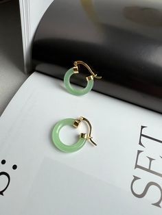 "Measurement: 1 1/8\" top to bottom x 1/8\" at the widest 18k vermeil with Jade stone Earrings Back: Latch back Condition: New Need more charming jade?  Check out our jade jewelry collection: https://etsy.me/3HZ4IZP BOITE LAQUE gathers all the special , unique and one-of-a-kind vintage jewels in good condition however little marks of pre-owned may be shown. These little signs make every vintage piece the best story jewelry and worth to add in your collection. All BOITE LAQUE vintage jewelry is c Cheap Elegant Jade Earrings, Cheap Adjustable Jade Earrings, Contemporary Jade Jewelry, Jade Hoop Earrings, Jade Earrings Drop, Jade Accessories, Story Jewelry, Dope Jewelry Accessories, Vintage Silver Rings