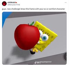 a cartoon character holding an apple in front of a computer screen with the caption's name on it