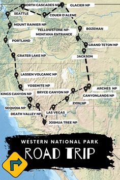 the western national park road trip map is shown in black and white with yellow arrows