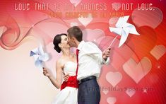 a man and woman kissing each other in front of a red background with white hearts