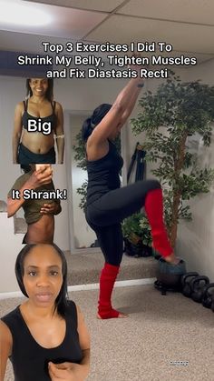 the woman is doing yoga poses in her home gym room, and has four different pictures above her