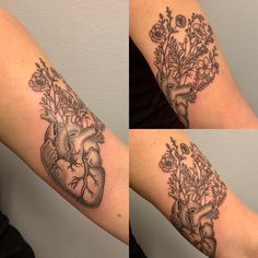 three pictures of a heart and flowers on the arm