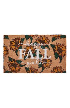 a door mat with the words happy fall y'all on it and sunflowers