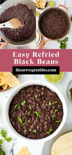 black beans in a white bowl with tortilla chips and cilantro on the side