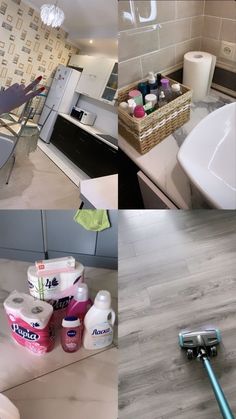 several different shots of cleaning products on the floor