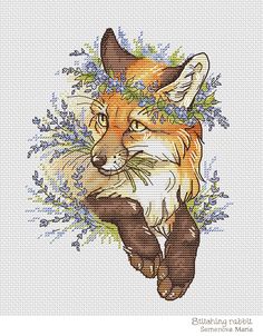 a cross stitch pattern of a fox with flowers on its head