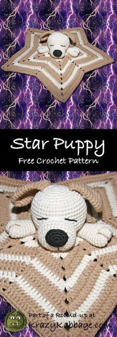 a crocheted afghan with a dog on it and the text, star puppy free crochet pattern