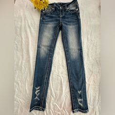 Miss Me Brand New & Never Worn Distressed Mid-Rise Skinny Ankle Jeans. The Detailing On The Pockets Is Exceptional. Better In Person Then Pictures. Zero Flaws. Perfect! Washed But No Dryer. Casual Silver Jeans, Miss Me Jeans, Ankle Jeans, Miss Me, Blue And Silver, Mid Rise, Women Shopping, Blue