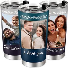 three personalized stainless steel tumblers with pictures on them