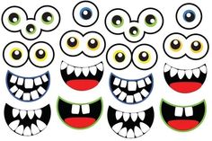 five different colored monster faces with big eyes and large teeth, all in various colors