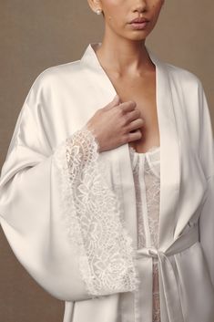 Annabeth Lace Trim Bridal Robe - White Bride Morning Of Wedding, Bridal Getting Ready Outfit, Bride Getting Ready Outfit, Prep Outfits, Bridal Robe Lace, Bridal Wardrobe, Wedding Wardrobe, Lace Bridal Robe, Wedding Morning