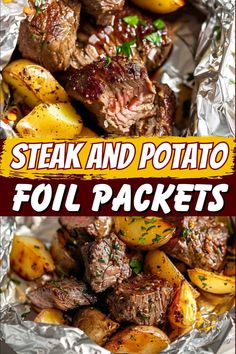 steak and potato foil packets with text overlay