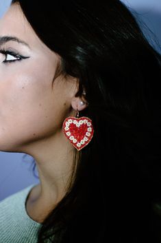 Flower Detail Heart Earrings hearts and daisies - SWEET! covered in seed beads and fabric-backed hangs 2" from the wire posts Adjustable Beaded Heart Earrings As Gift, Handmade Beaded Earrings For Valentine's Day, Adjustable Heart Earrings For Valentine's Day, Valentine's Day Heart Earrings, Handmade Heart-shaped Beaded Earrings, Handmade Red Heart Earrings For Valentine's Day, Red Beaded Earrings For Valentine's Day, Heart-shaped Beaded Earrings, Red Heart Beaded Earrings