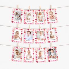 the baby's photo is hanging on clothes pins with hearts and hearts attached to them