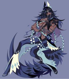 a woman with long black hair sitting on top of a blue and white animal like creature