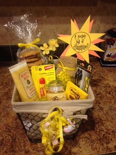 a basket filled with food sitting on top of a counter