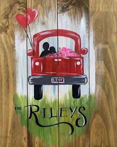 a painting of a red truck with flowers in the back and two hearts floating out of it