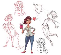 a woman holding a gift box next to some cartoon character sketches on white paper and colored pencils