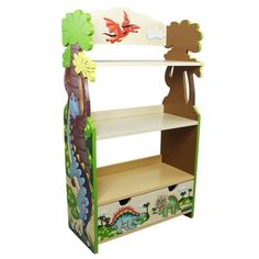 a toy book shelf with dinosaurs painted on the top and bottom shelves in different colors