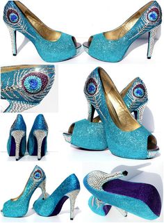 Peacock Heels in Aqua Blue and Purple Glitter by WickedAddiction, Peacock Heels, Peacock Shoes, Glitter Converse, Fun Heels, Glitter Heels, Glitter Shoes, Elegant Shoes, Peacock Feathers, Purple Glitter