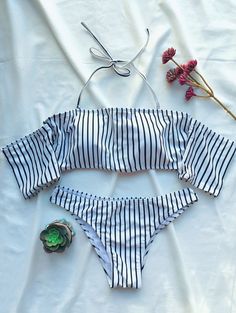 $13.99 Off The Shoulder Strappy Striped Bikini Set WHITE: Bikinis | ZAFUL Zaful Swimwear, Lingerie Babydoll, White Bikinis, Cute Bathing Suits, Striped Swimsuit, Summer Swim Suits, Cute Bikinis, Bra Styles