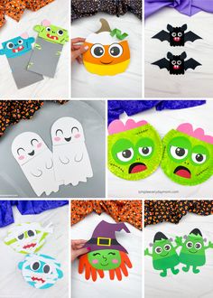 halloween crafts for kids to make with paper plates and construction paper pumpkins, bats, ghostes